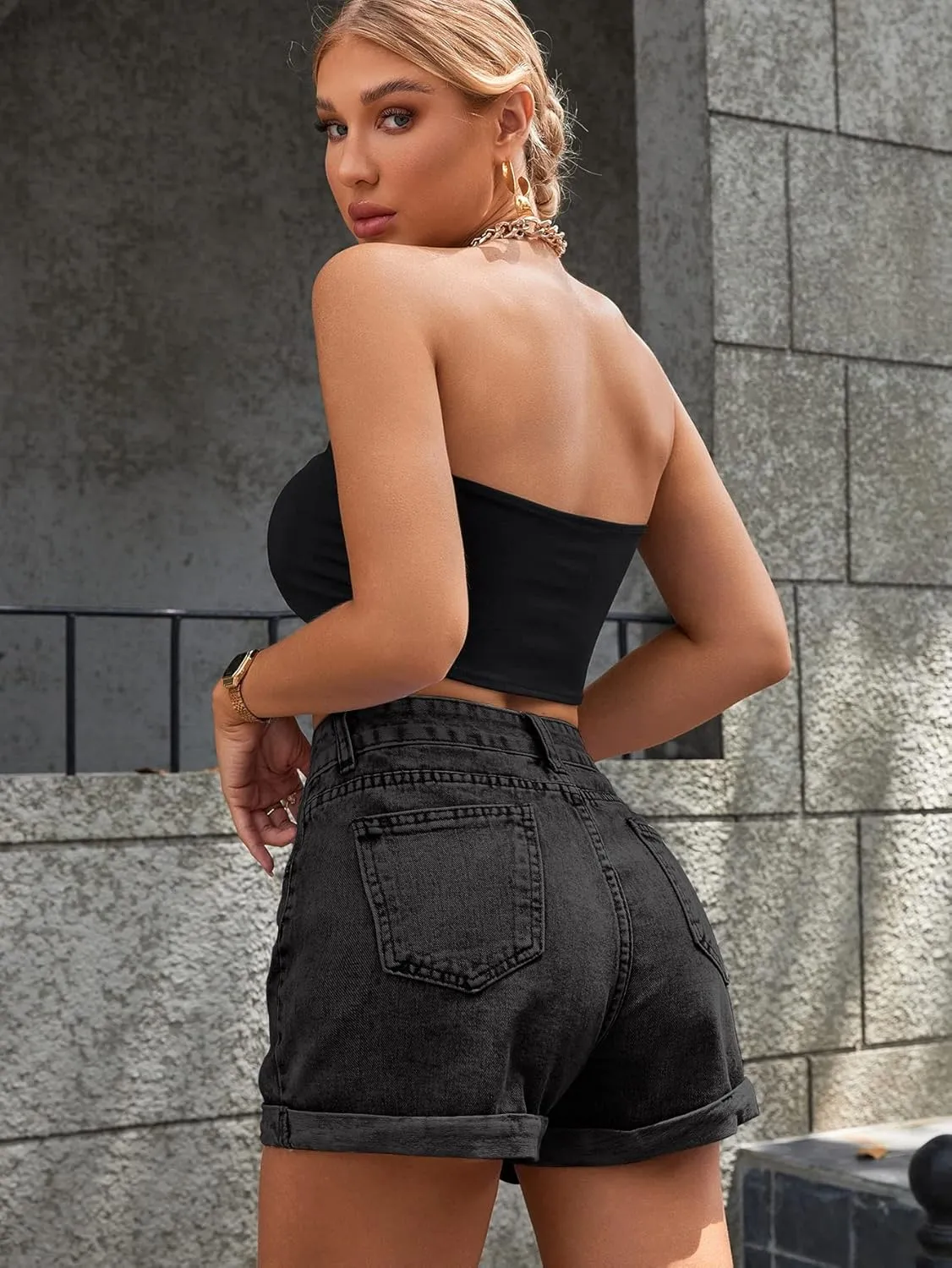 SweatyRocks Women's High Rise Roll Up Hem Straight Leg Denim Jean Shorts with Pocket