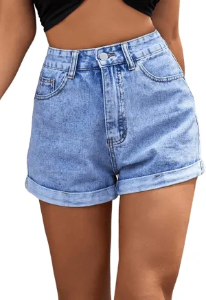 SweatyRocks Women's High Rise Roll Up Hem Straight Leg Denim Jean Shorts with Pocket