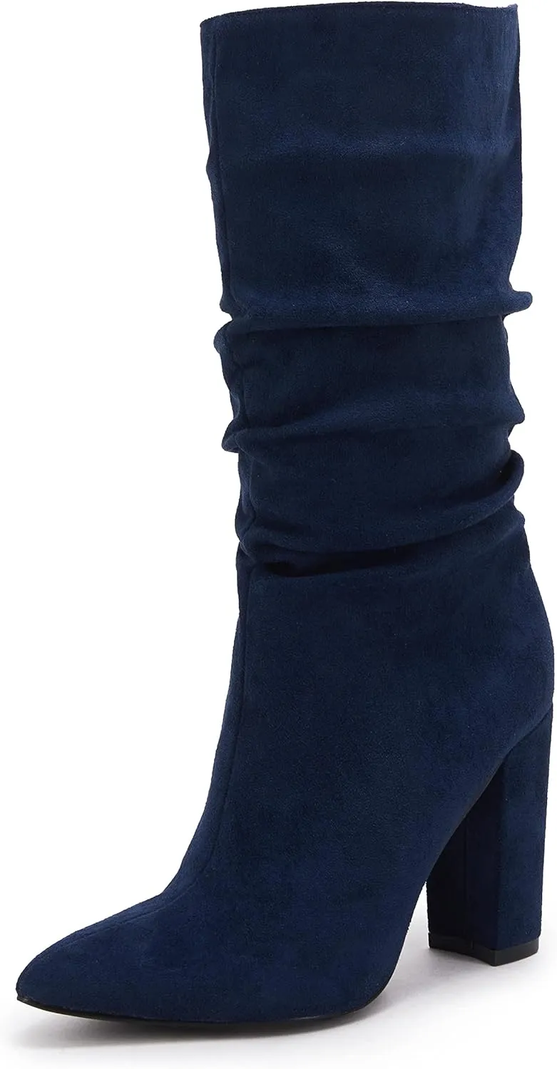 Syktkmx Womens Winter Slouchy High Heel Boots Mid Calf Suede Slip on Chunky Block Pointed Toe Boots