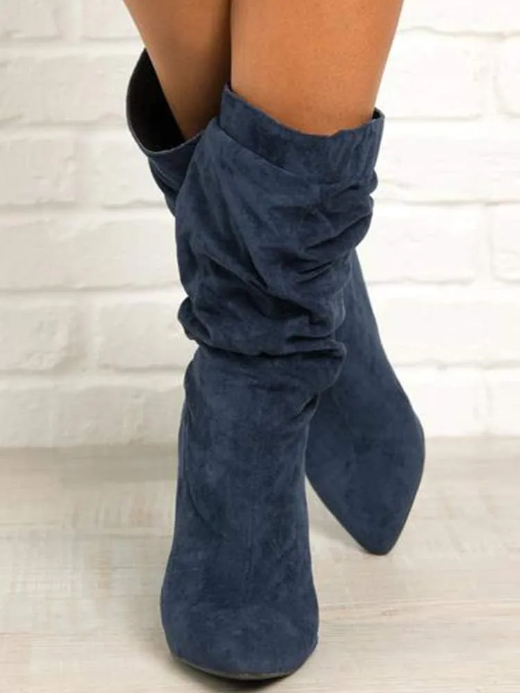 Syktkmx Womens Winter Slouchy High Heel Boots Mid Calf Suede Slip on Chunky Block Pointed Toe Boots