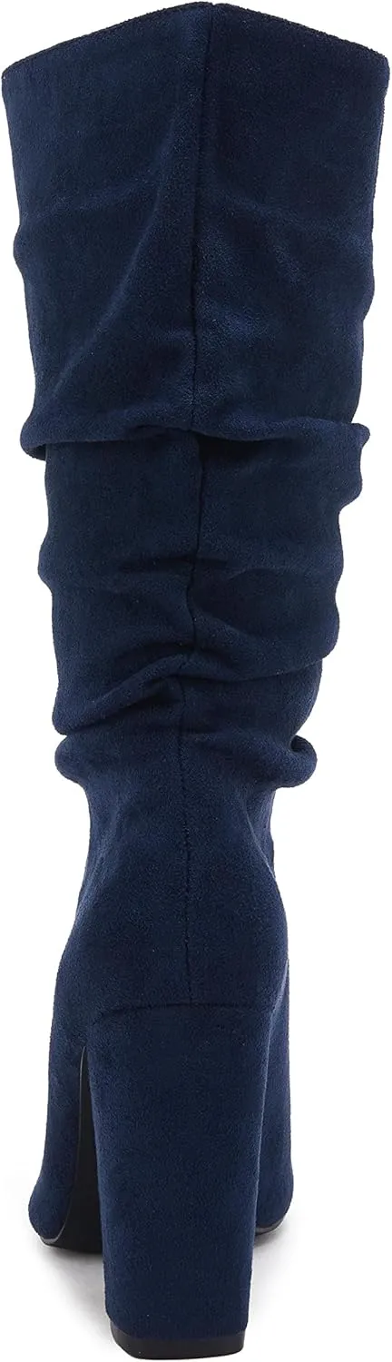 Syktkmx Womens Winter Slouchy High Heel Boots Mid Calf Suede Slip on Chunky Block Pointed Toe Boots