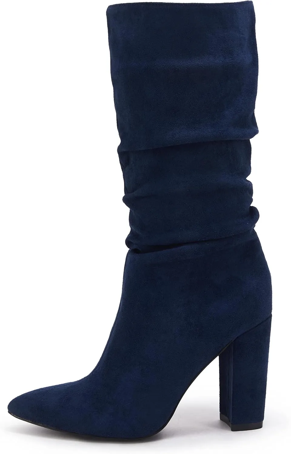 Syktkmx Womens Winter Slouchy High Heel Boots Mid Calf Suede Slip on Chunky Block Pointed Toe Boots