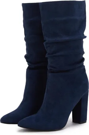 Syktkmx Womens Winter Slouchy High Heel Boots Mid Calf Suede Slip on Chunky Block Pointed Toe Boots