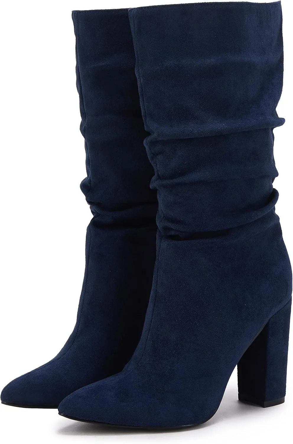 Syktkmx Womens Winter Slouchy High Heel Boots Mid Calf Suede Slip on Chunky Block Pointed Toe Boots
