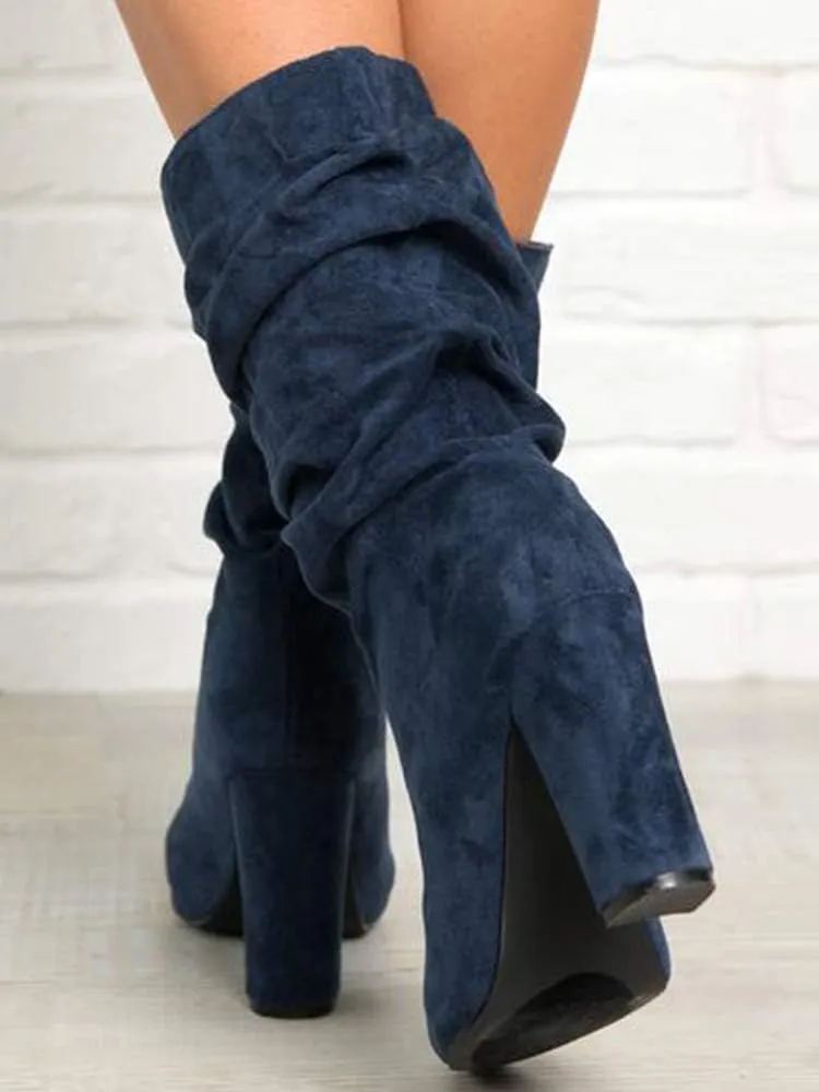 Syktkmx Womens Winter Slouchy High Heel Boots Mid Calf Suede Slip on Chunky Block Pointed Toe Boots