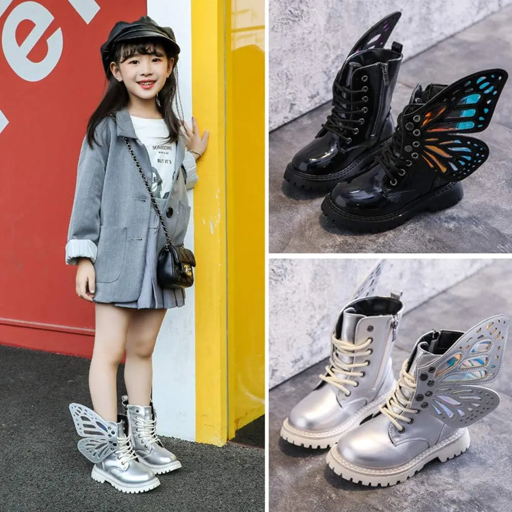TangDao Kid Baby Girls Fashion Lace Up Leather Ankle Boots Detachable Butterfly Wings Side Zipper Outdoor Warm Short Snow Waterproof Boots for girls