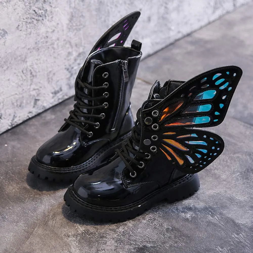 TangDao Kid Baby Girls Fashion Lace Up Leather Ankle Boots Detachable Butterfly Wings Side Zipper Outdoor Warm Short Snow Waterproof Boots for girls