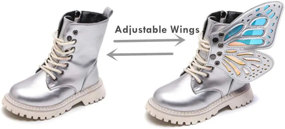 TangDao Kid Baby Girls Fashion Lace Up Leather Ankle Boots Detachable Butterfly Wings Side Zipper Outdoor Warm Short Snow Waterproof Boots for girls