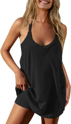 TARSE Athletic Dress for Women Casual Sleeveless Spaghetti Strap Sundress Workout Short Tennis Dress with Pockets