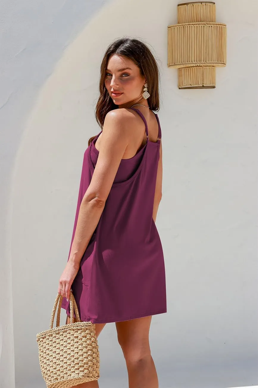 TARSE Athletic Dress for Women Casual Sleeveless Spaghetti Strap Sundress Workout Short Tennis Dress with Pockets