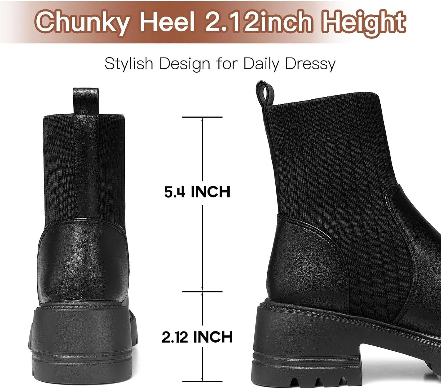 TEMOFON Ankle Boots for Women Chunky: Womens Casual Leather Chelsea Booties Slip on Round Toe Black Platform Short Boot with Block Heel