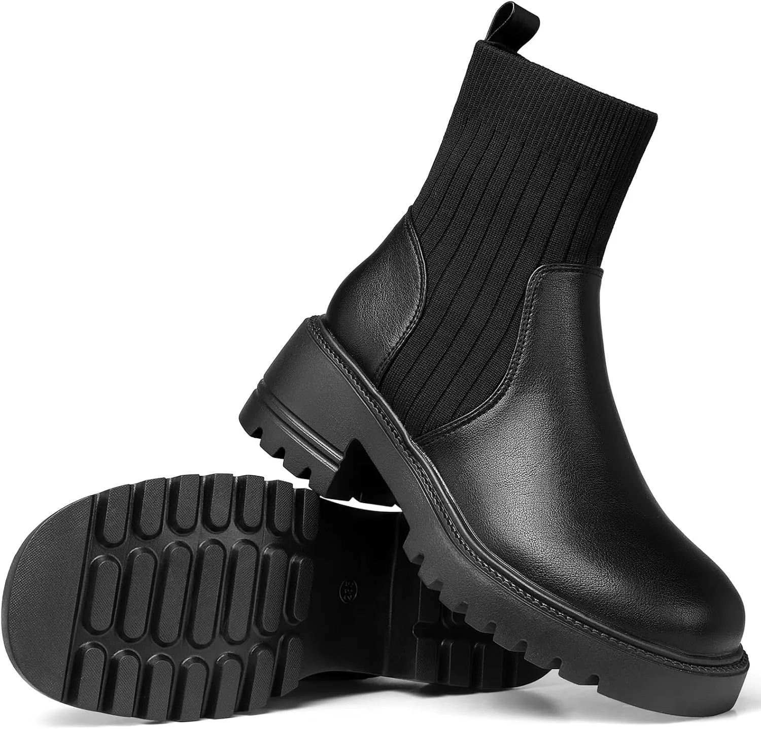 TEMOFON Ankle Boots for Women Chunky: Womens Casual Leather Chelsea Booties Slip on Round Toe Black Platform Short Boot with Block Heel