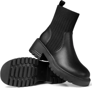 TEMOFON Ankle Boots for Women Chunky: Womens Casual Leather Chelsea Booties Slip on Round Toe Black Platform Short Boot with Block Heel