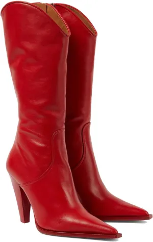 THESHY Womens Pointed Toe Knee-high Boots Leather Cone Chunky High Heel Western Boot Side Zip Fashion Party Dress Bootie for Women