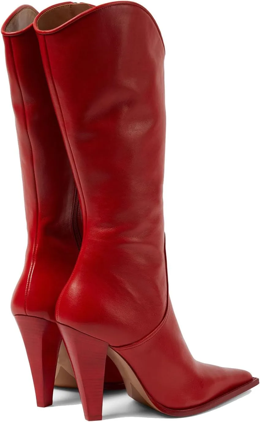 THESHY Womens Pointed Toe Knee-high Boots Leather Cone Chunky High Heel Western Boot Side Zip Fashion Party Dress Bootie for Women