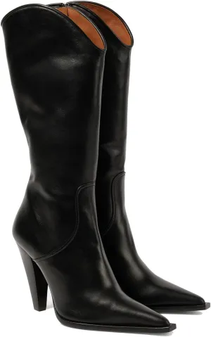 THESHY Womens Pointed Toe Knee-high Boots Leather Cone Chunky High Heel Western Boot Side Zip Fashion Party Dress Bootie for Women