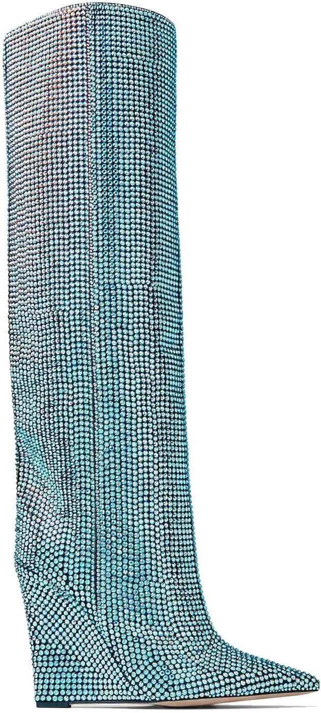 THESHY Women's Pointed Toe Wedge Heel Rhinestones Knee High Boots Crystals Thigh High Stylish Fashion Boot for Women