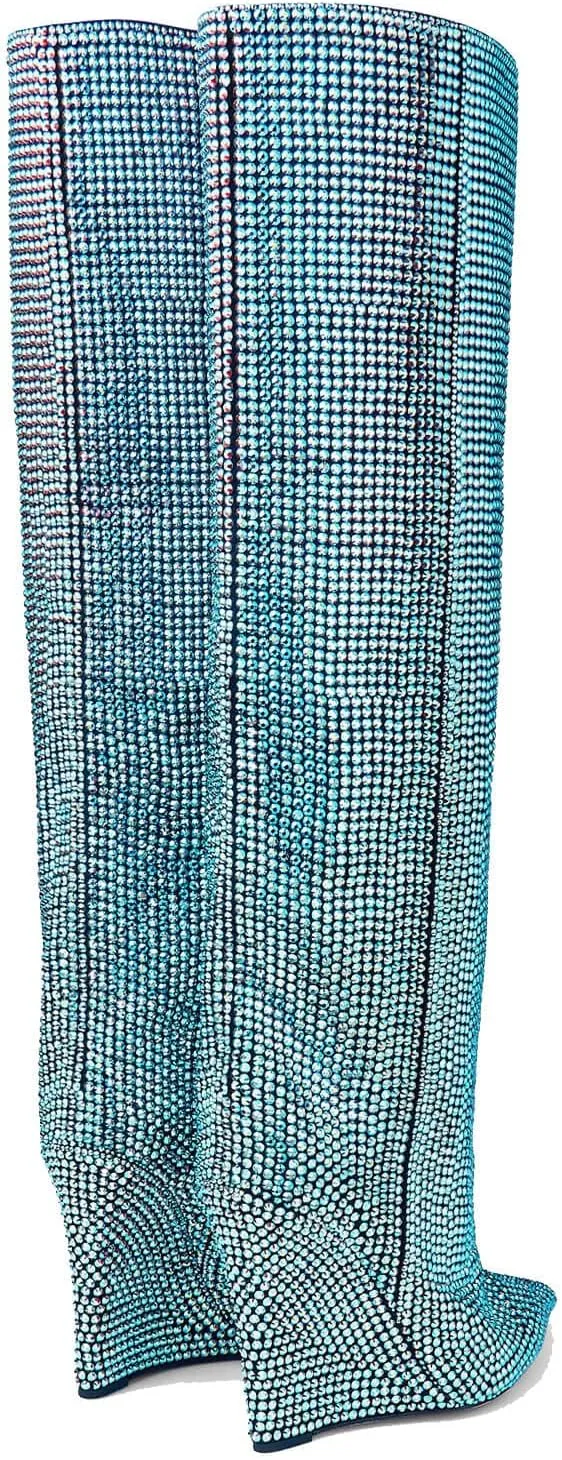 THESHY Women's Pointed Toe Wedge Heel Rhinestones Knee High Boots Crystals Thigh High Stylish Fashion Boot for Women