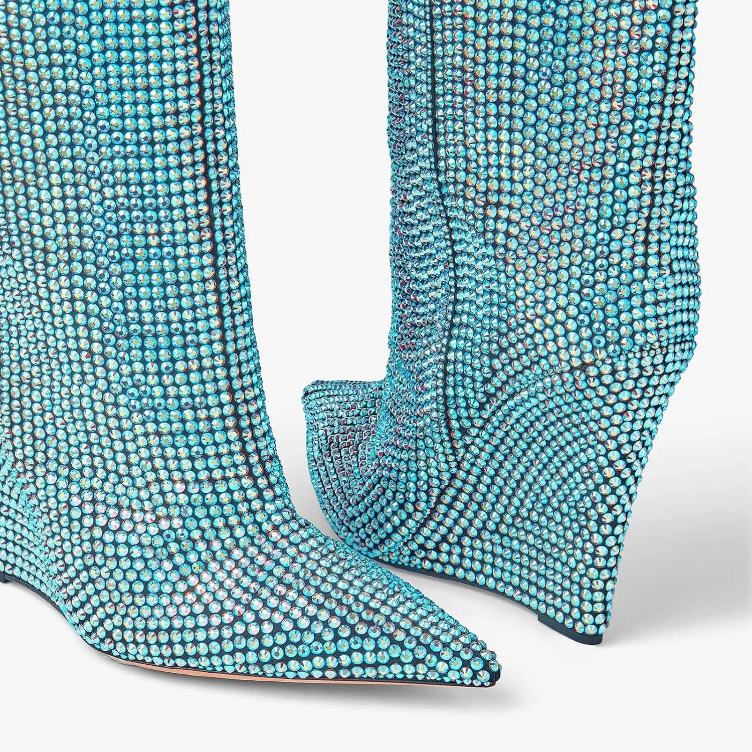 THESHY Women's Pointed Toe Wedge Heel Rhinestones Knee High Boots Crystals Thigh High Stylish Fashion Boot for Women