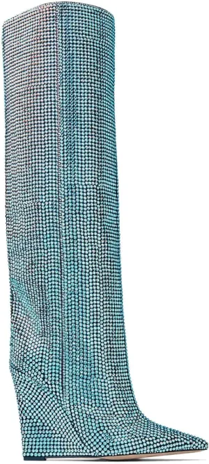THESHY Women's Pointed Toe Wedge Heel Rhinestones Knee High Boots Crystals Thigh High Stylish Fashion Boot for Women