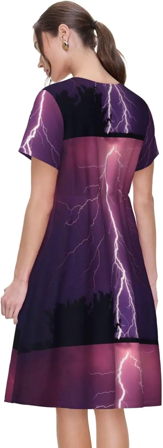 Thunderstorm Violet Purple Women's Summer Short Sleeve Casual Dresses, with Pockets Beach Sundresses