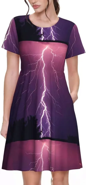 Thunderstorm Violet Purple Women's Summer Short Sleeve Casual Dresses, with Pockets Beach Sundresses