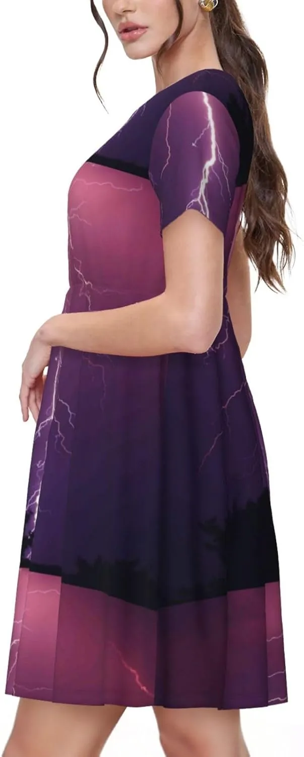 Thunderstorm Violet Purple Women's Summer Short Sleeve Casual Dresses, with Pockets Beach Sundresses
