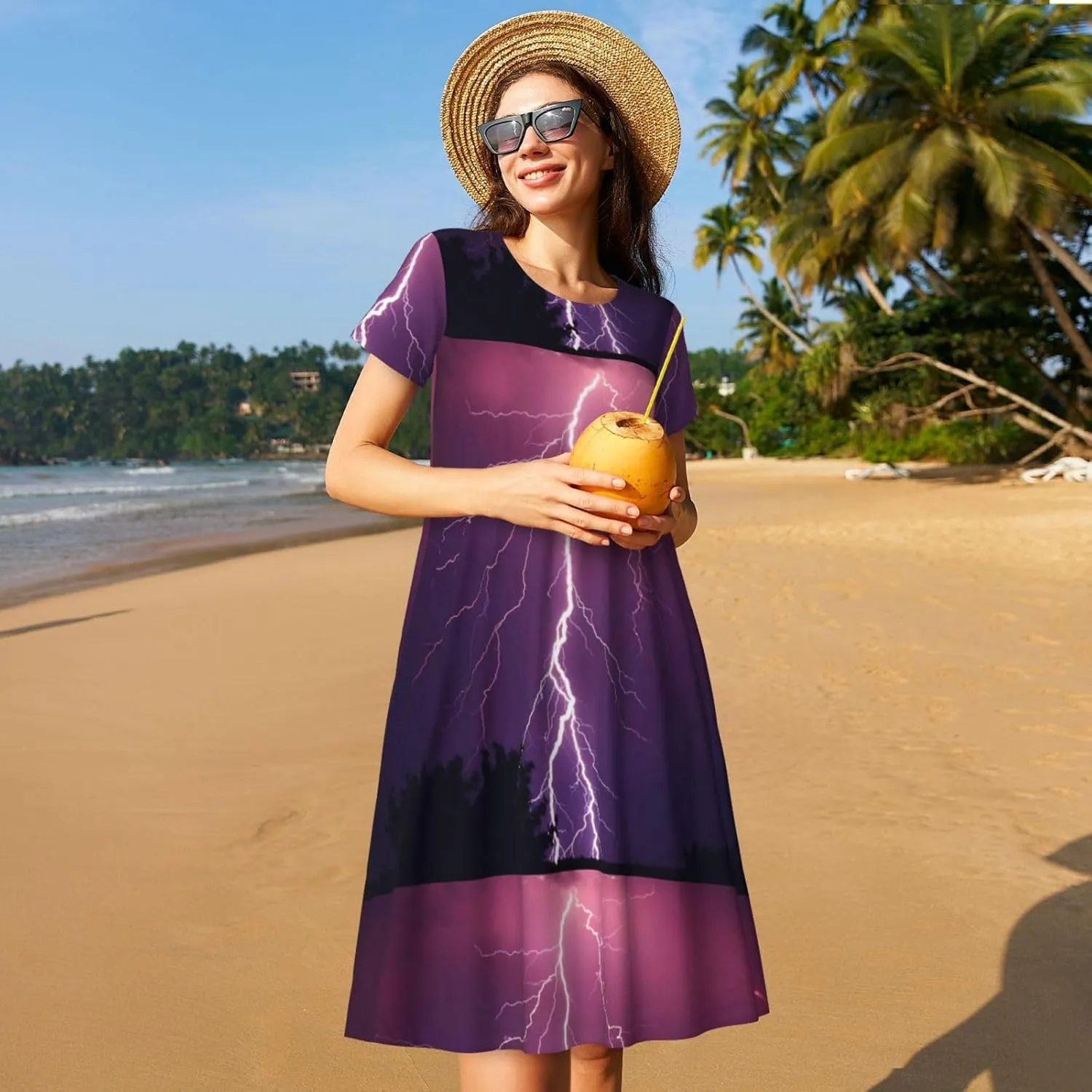 Thunderstorm Violet Purple Women's Summer Short Sleeve Casual Dresses, with Pockets Beach Sundresses