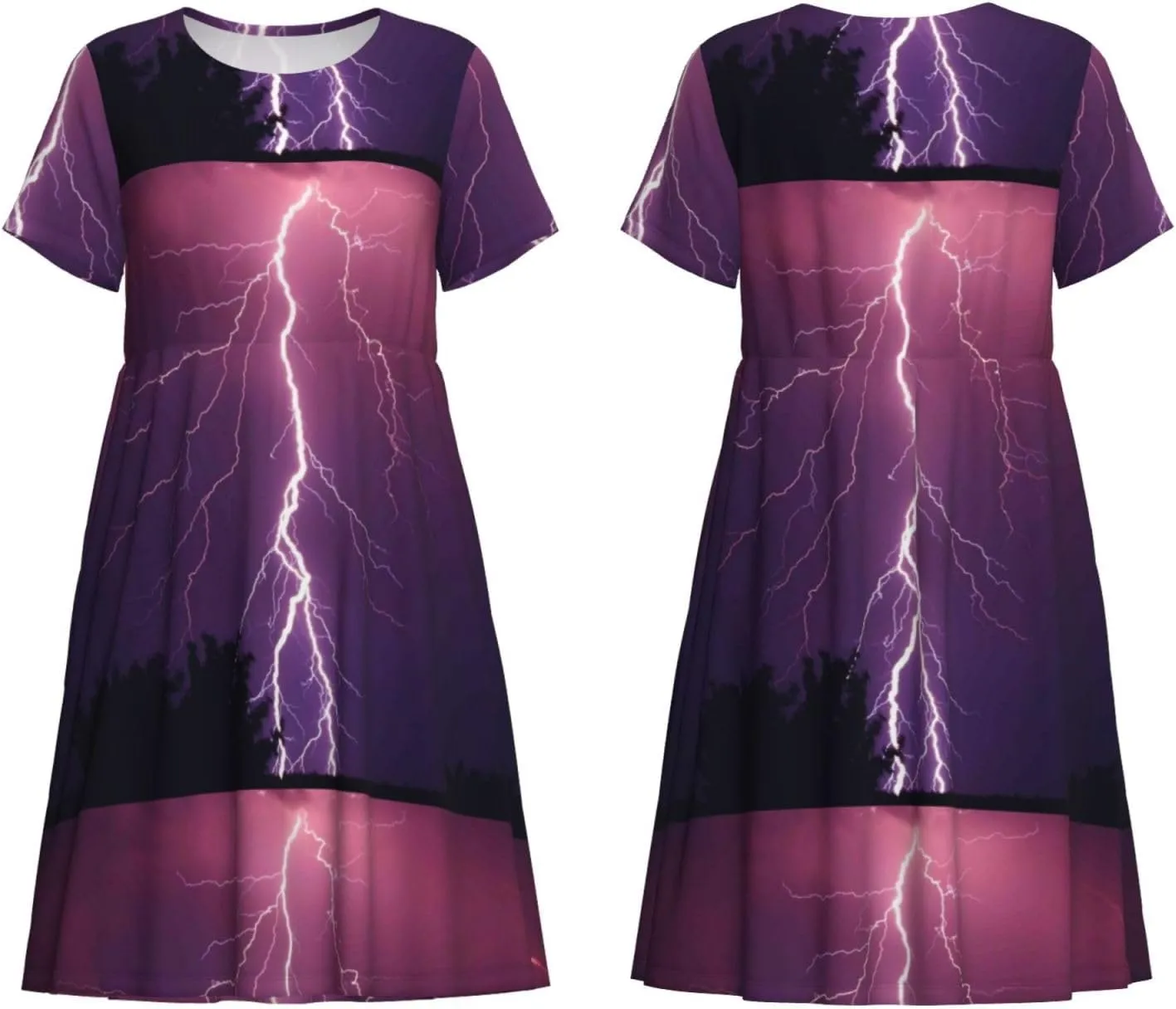 Thunderstorm Violet Purple Women's Summer Short Sleeve Casual Dresses, with Pockets Beach Sundresses