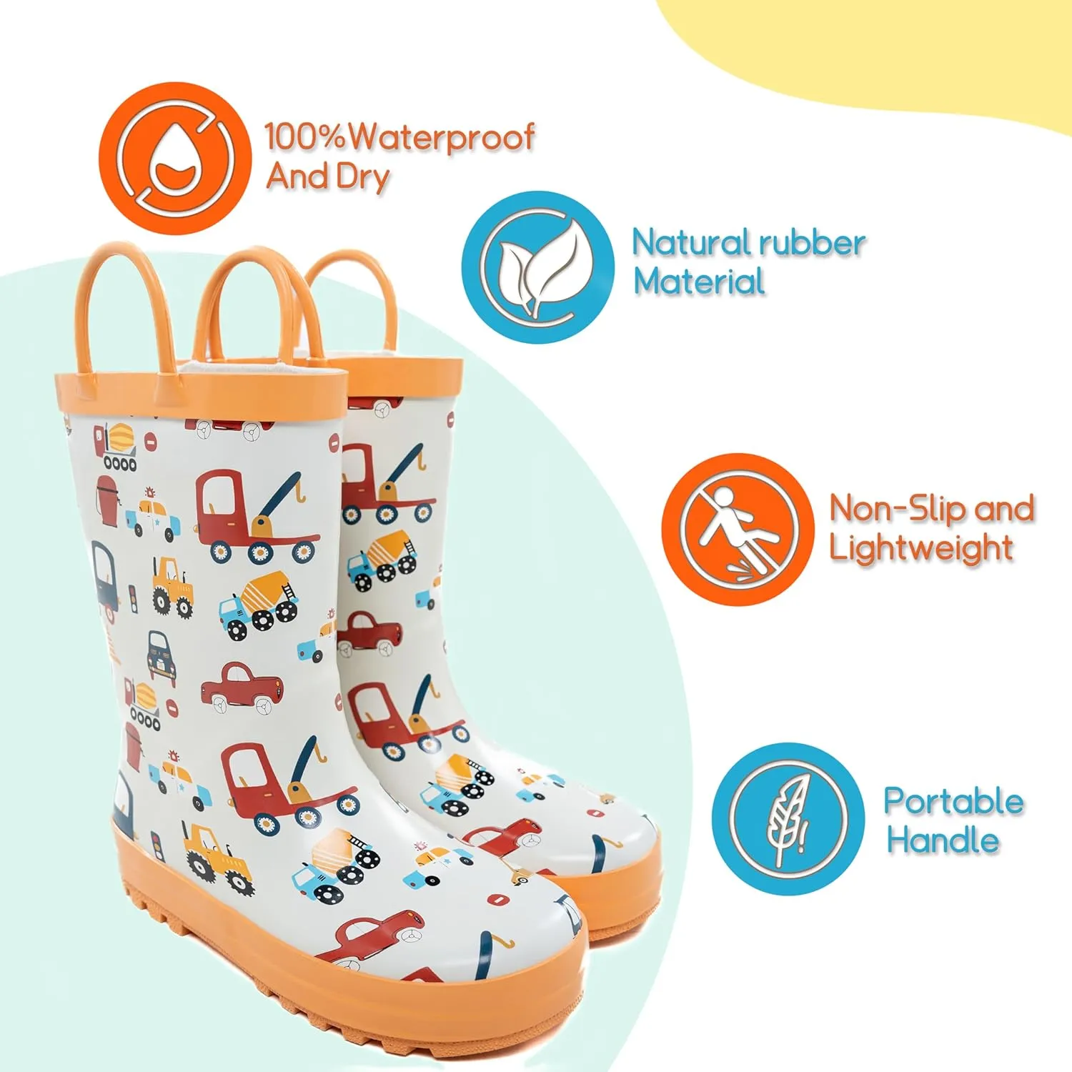 Toddler Rain Boots Waterproof Rubber Kids Rain Boots for Girls and Boys with Fun Patterns and Easy-On Handles