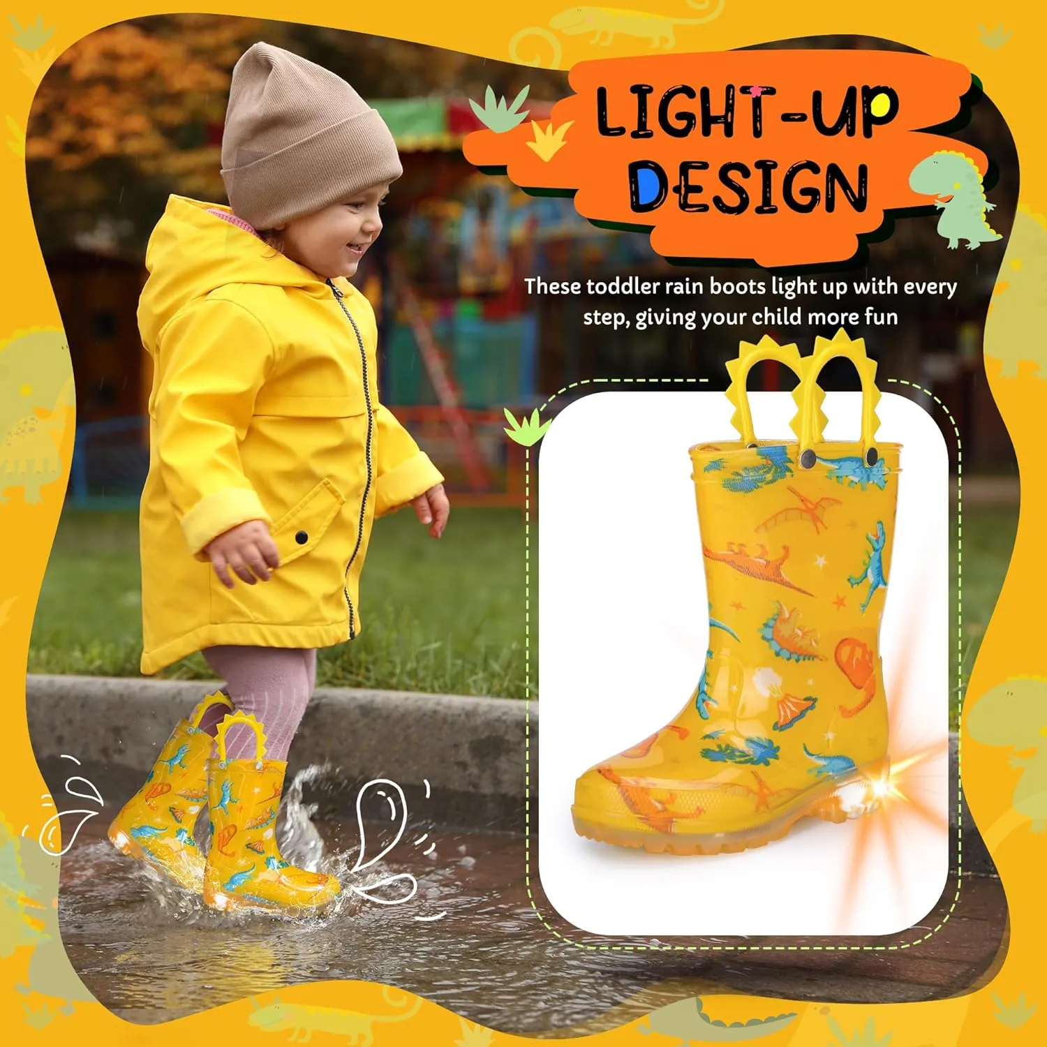 Toddlers Kids Rain Boots - Light Up Rain Boots for Boys Waterproof Outdoor Shoes with Easy-On Handles