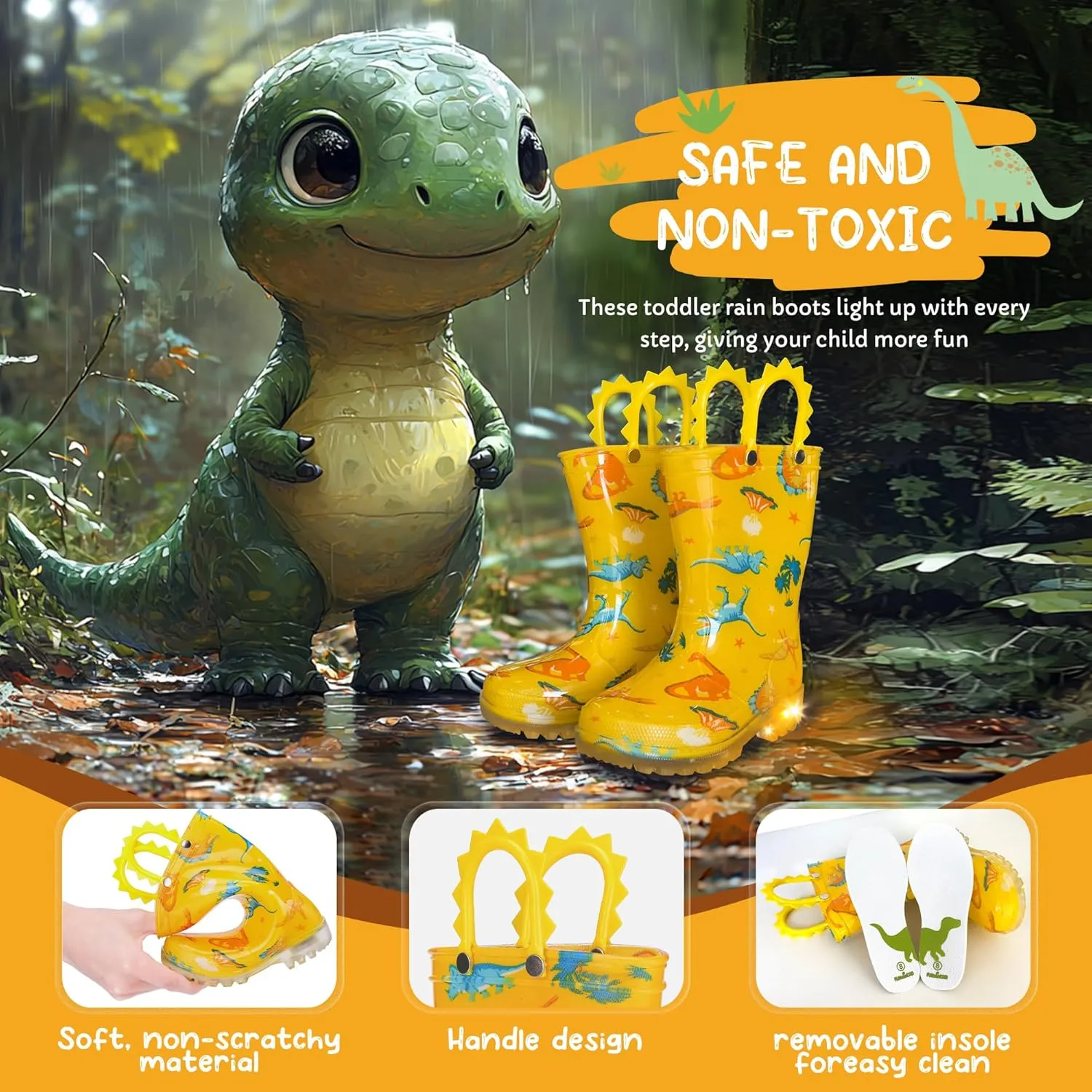 Toddlers Kids Rain Boots - Light Up Rain Boots for Boys Waterproof Outdoor Shoes with Easy-On Handles