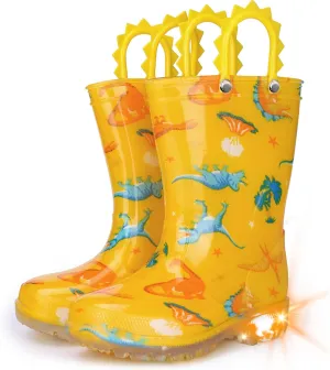 Toddlers Kids Rain Boots - Light Up Rain Boots for Boys Waterproof Outdoor Shoes with Easy-On Handles