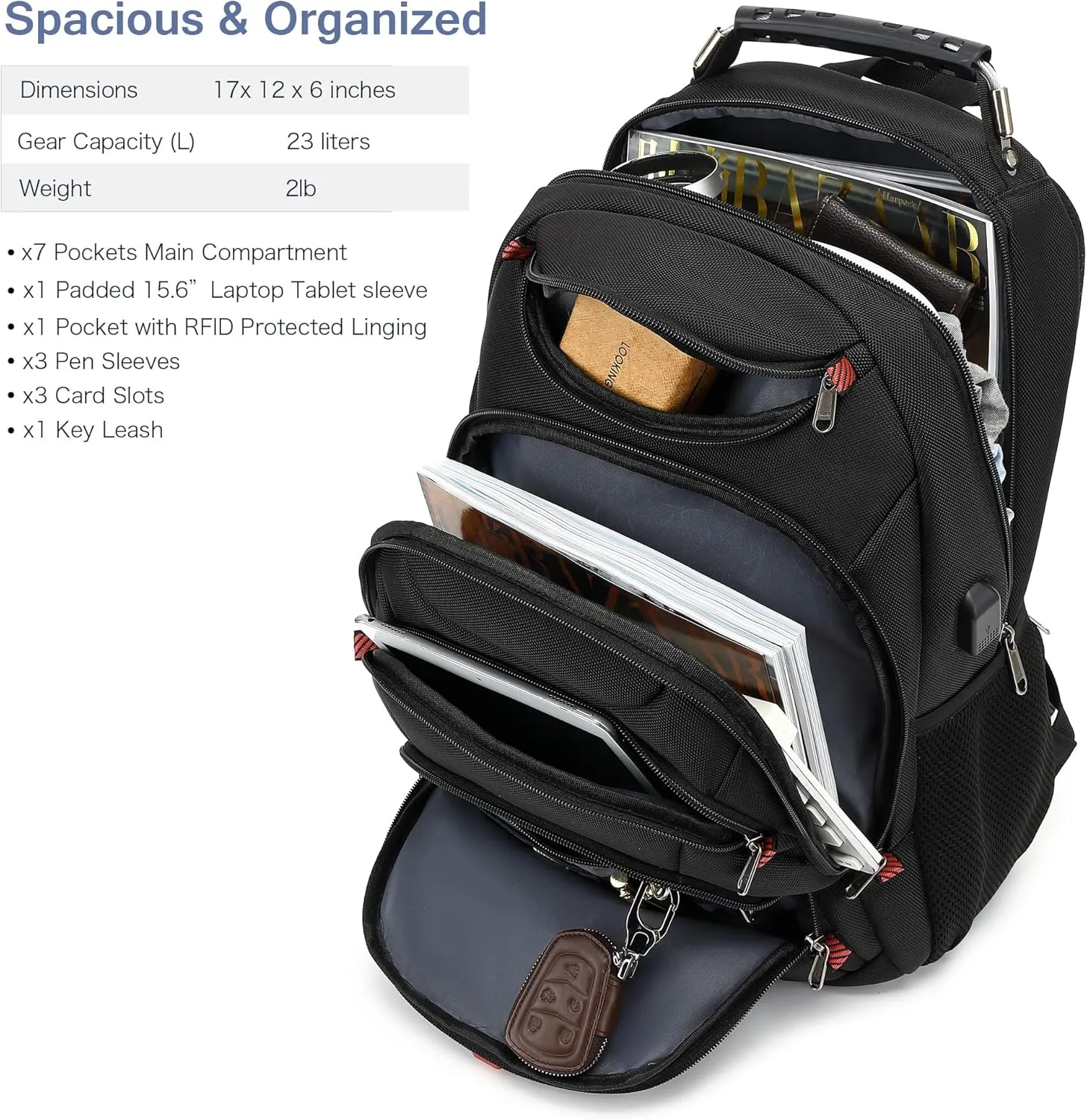 Travel Backpack 17.3 Inch, Business Anti-Theft Laptop Bag with USB Charging Port, Waterproof