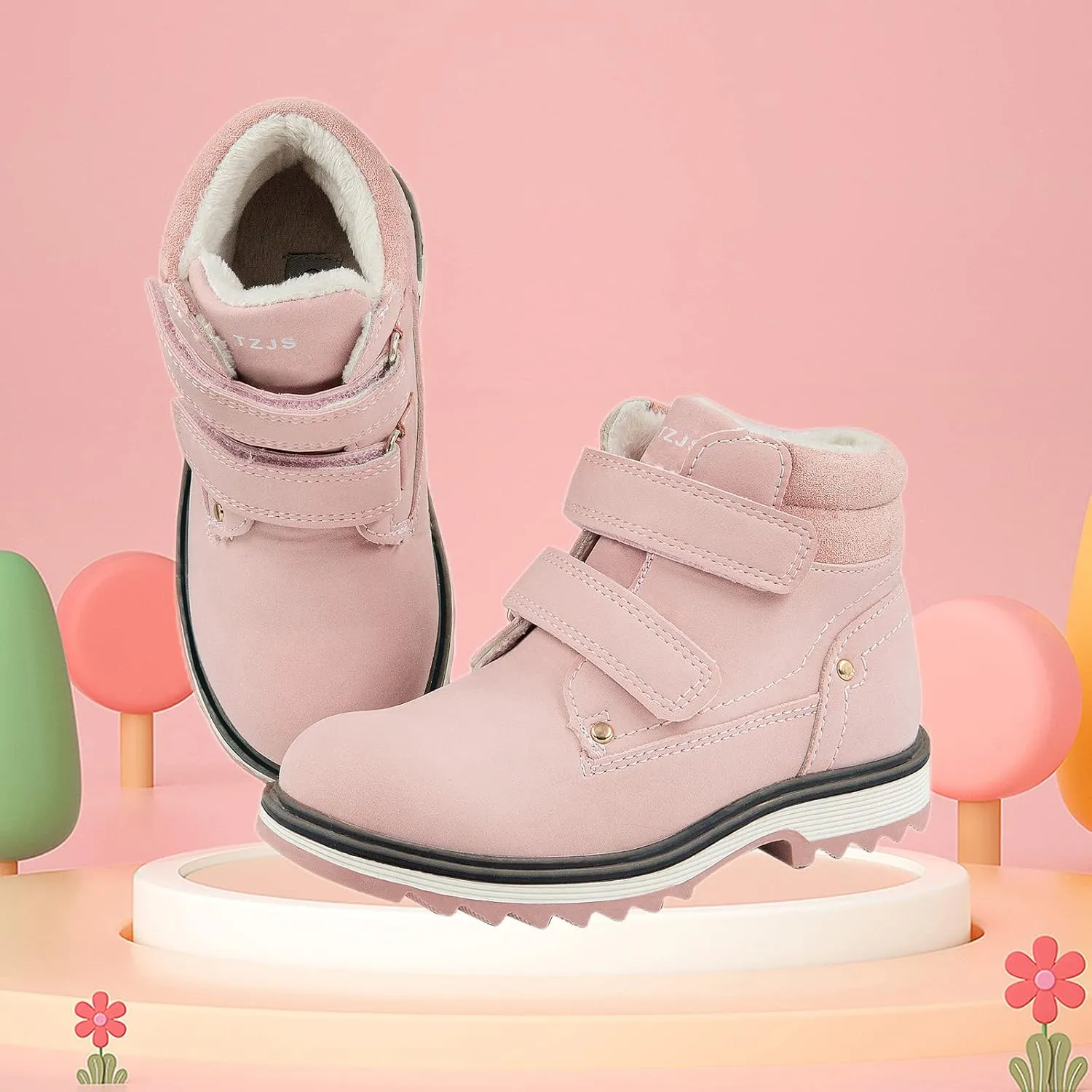 TZJS Kids' Hiking Work Boots for Boys Girls, Waterproof Outdoor Ankle Boots with Hook and Loop