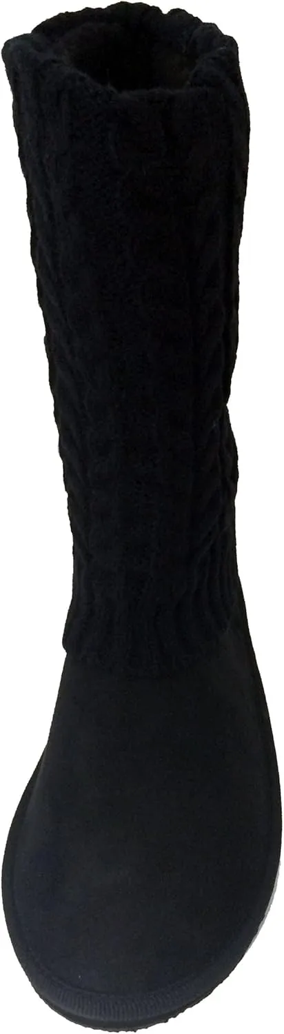 U9A1011S Women's Winter Boots Knit Sweater Faux Suede Crochet Mid Calf Fleece Lining Rib Warm Colors Shoes, Black, Grey, Tan, Brown