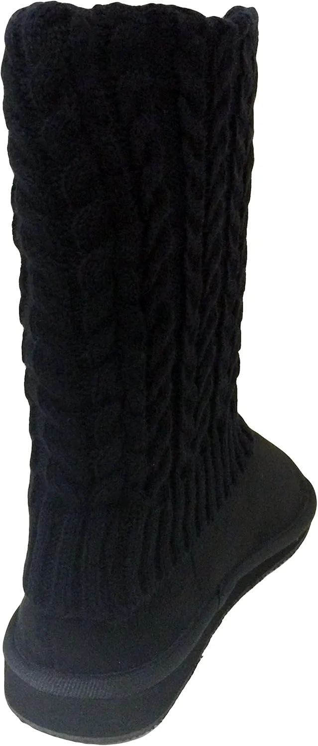 U9A1011S Women's Winter Boots Knit Sweater Faux Suede Crochet Mid Calf Fleece Lining Rib Warm Colors Shoes, Black, Grey, Tan, Brown