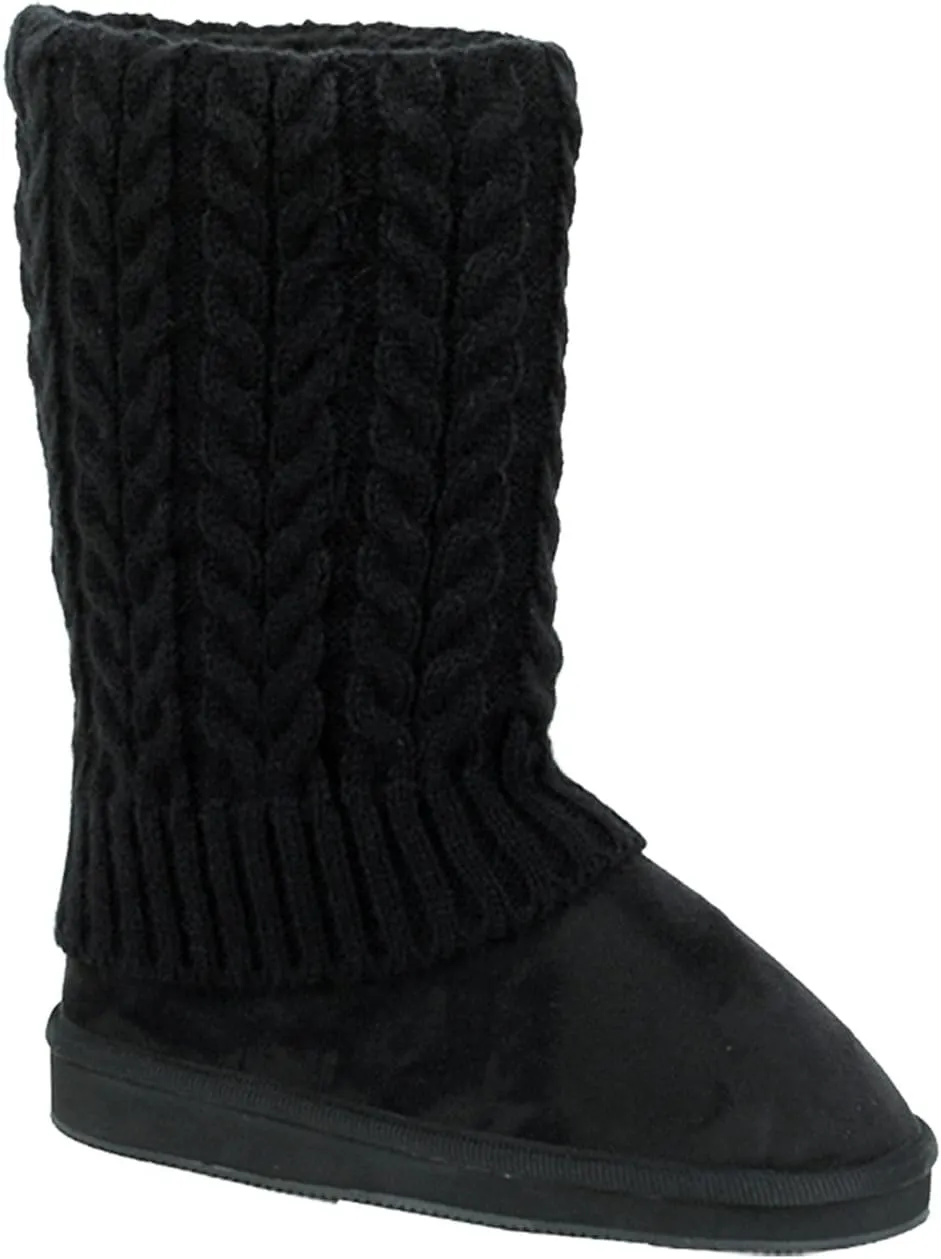 U9A1011S Women's Winter Boots Knit Sweater Faux Suede Crochet Mid Calf Fleece Lining Rib Warm Colors Shoes, Black, Grey, Tan, Brown