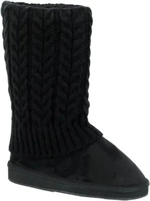 U9A1011S Women's Winter Boots Knit Sweater Faux Suede Crochet Mid Calf Fleece Lining Rib Warm Colors Shoes, Black, Grey, Tan, Brown