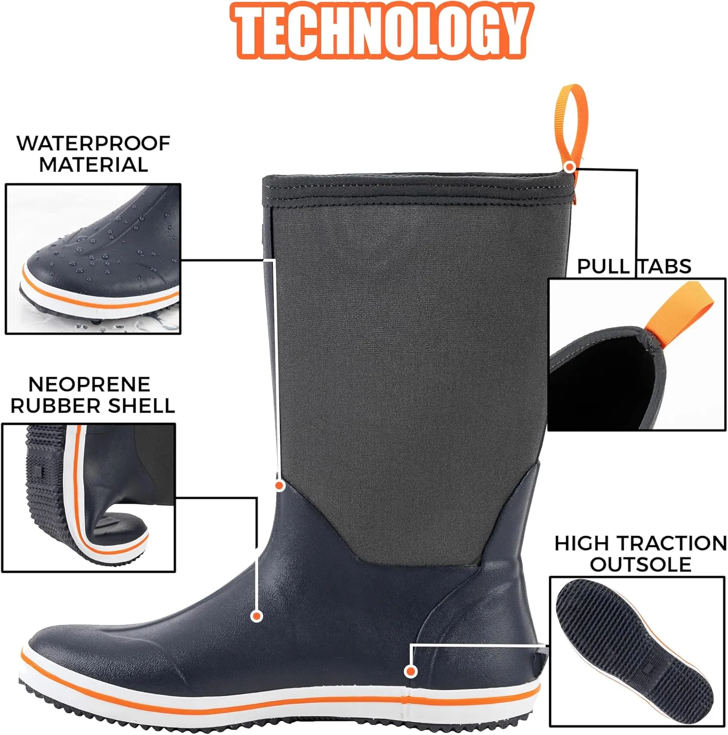 Ubon Rubber Rain Boots for Men Mid Calf Waterproof Fishing Garden Work Deck Boots Non Slip