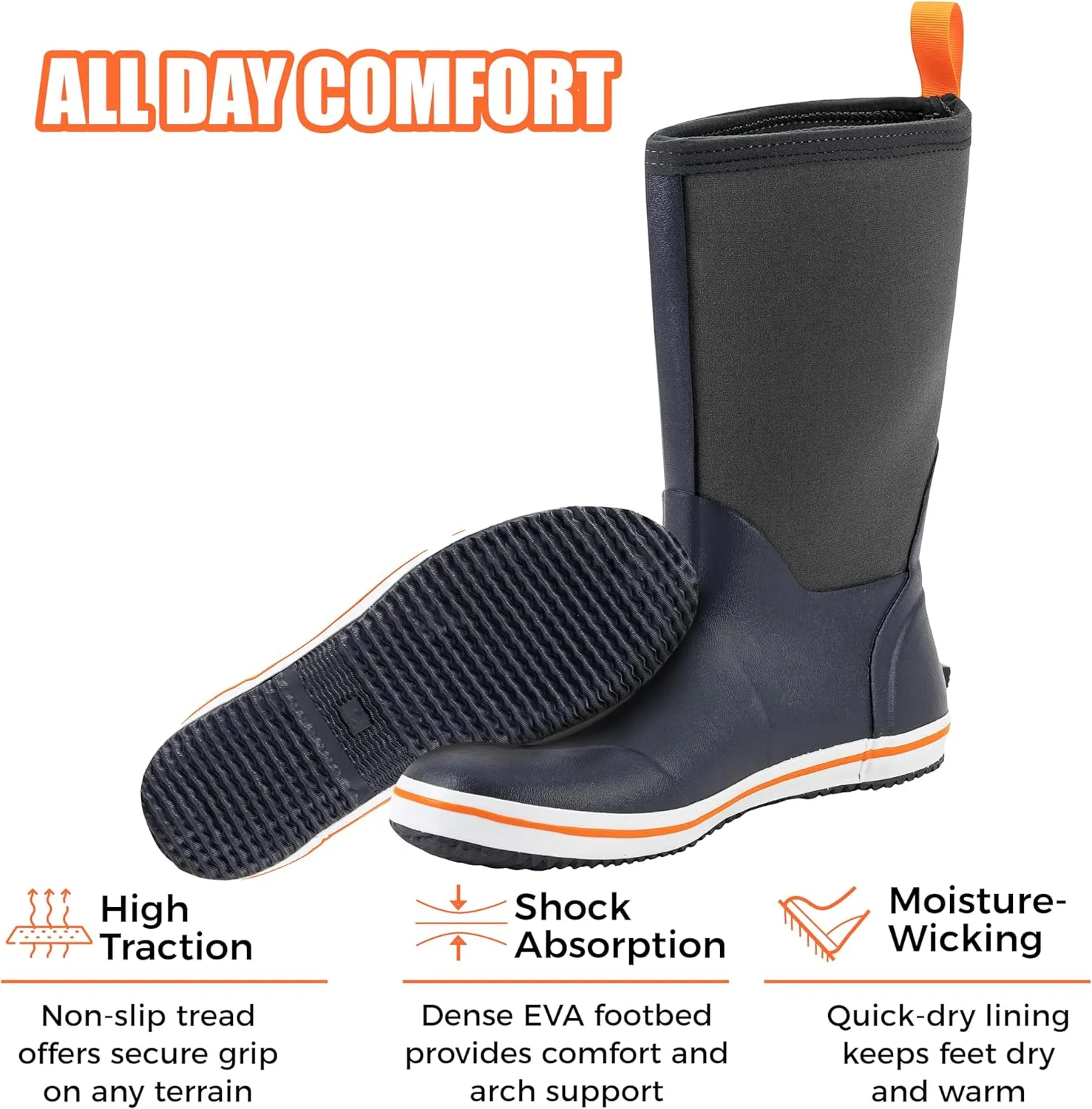 Ubon Rubber Rain Boots for Men Mid Calf Waterproof Fishing Garden Work Deck Boots Non Slip