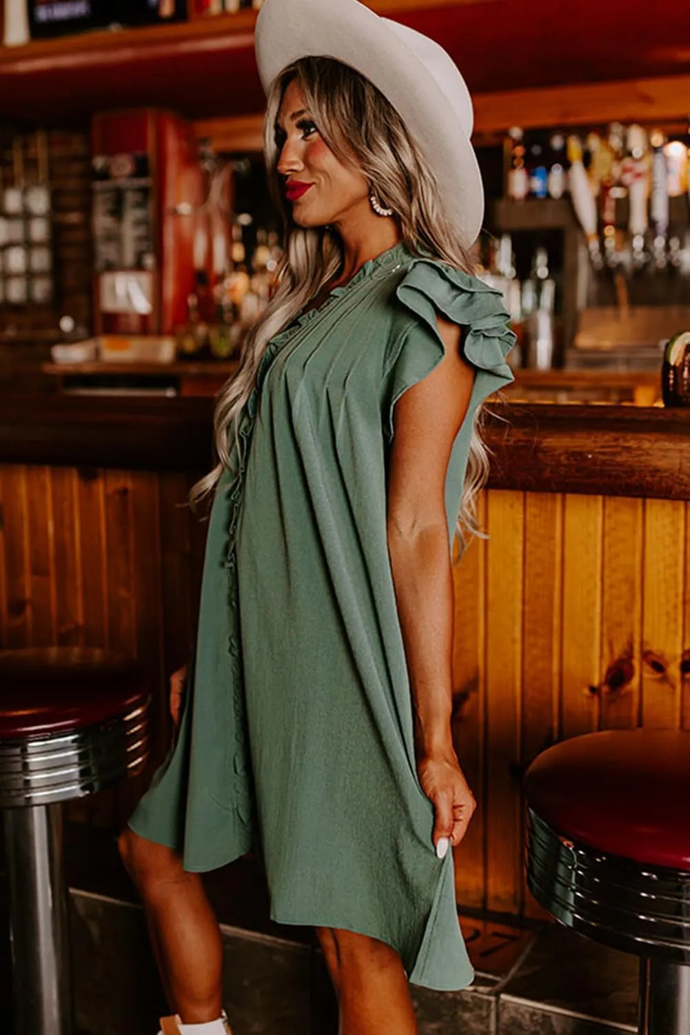 Urchics Womens Summer Mist Green Ruffle Sleeve V Neck Frilled Shift Dress