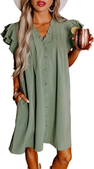 Urchics Womens Summer Mist Green Ruffle Sleeve V Neck Frilled Shift Dress
