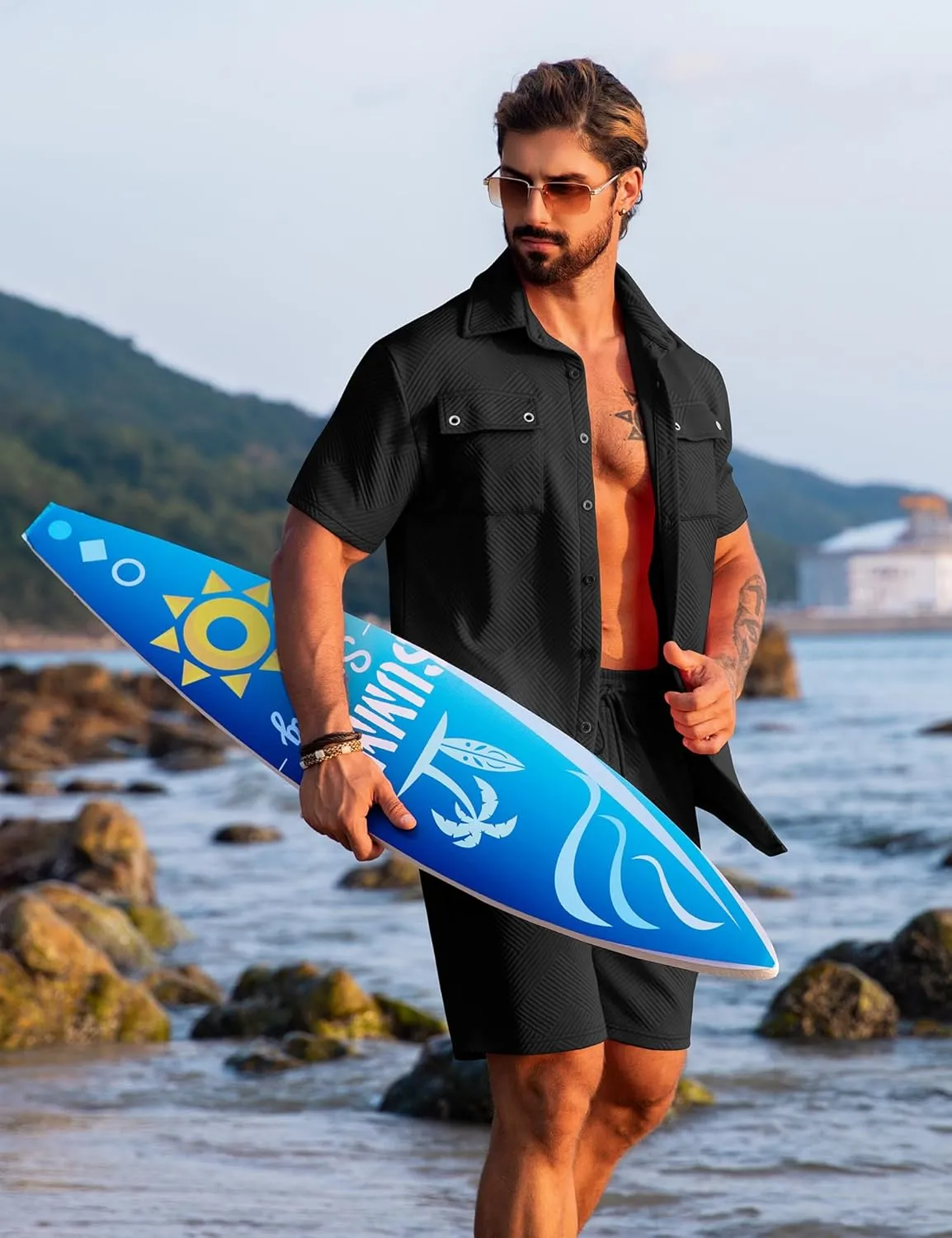 URRU Men's 2 Piece Outfits Summer Short Sets Casual Short Sleeve Button Up Shirt and Short Set