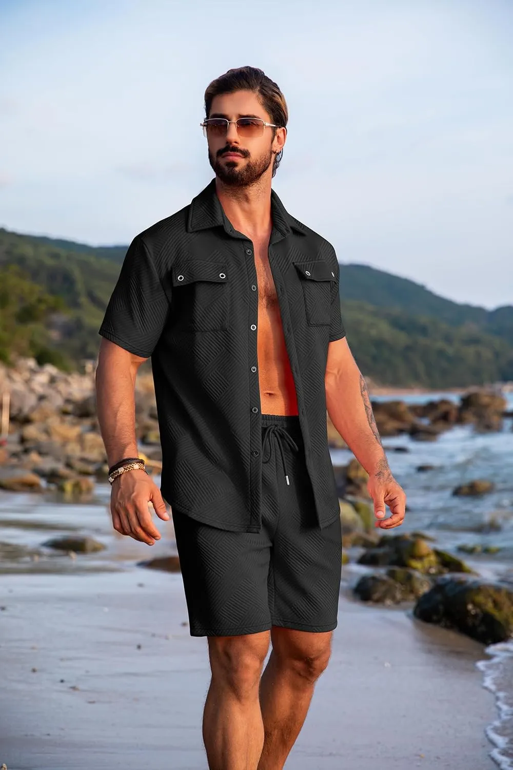 URRU Men's 2 Piece Outfits Summer Short Sets Casual Short Sleeve Button Up Shirt and Short Set