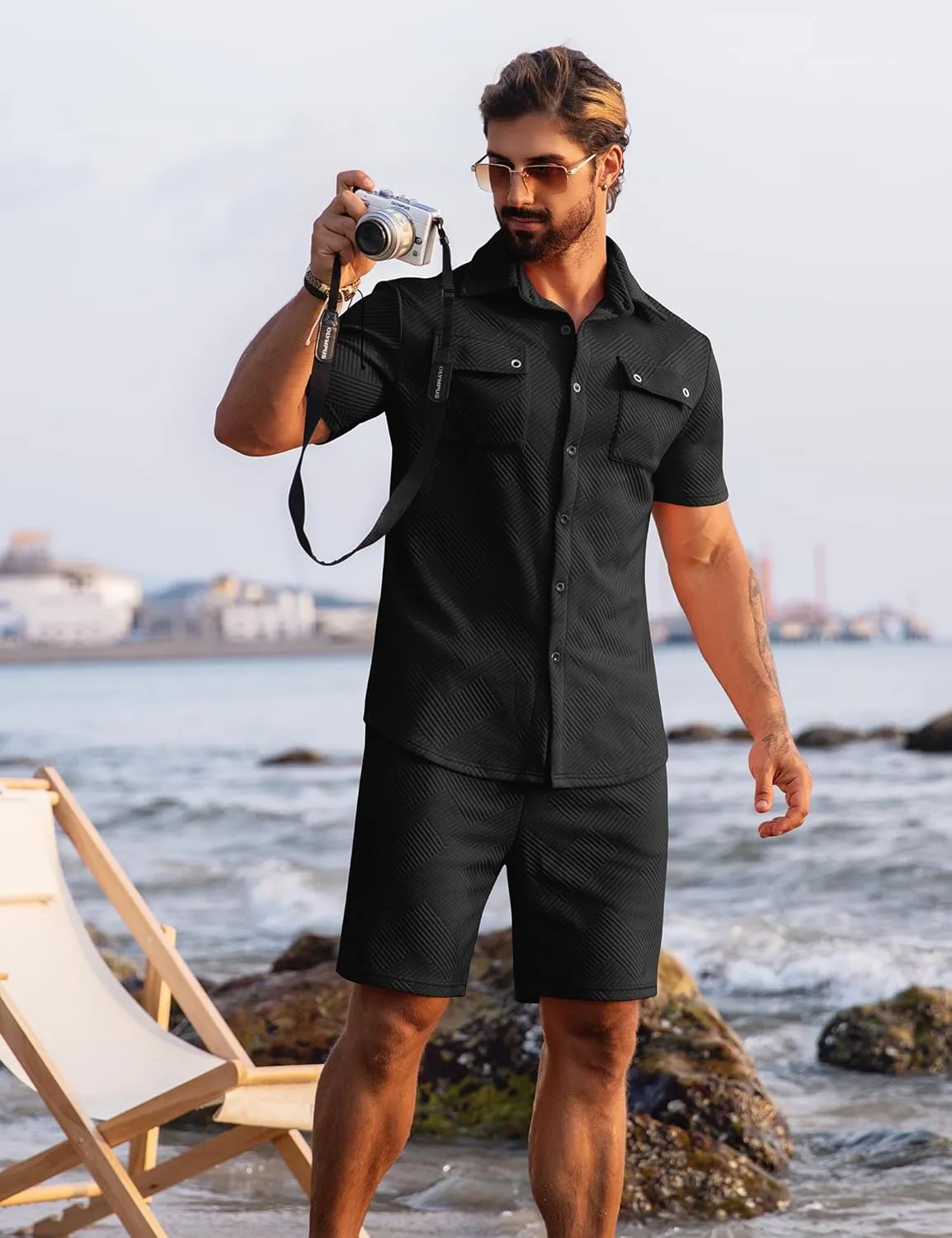 URRU Men's 2 Piece Outfits Summer Short Sets Casual Short Sleeve Button Up Shirt and Short Set