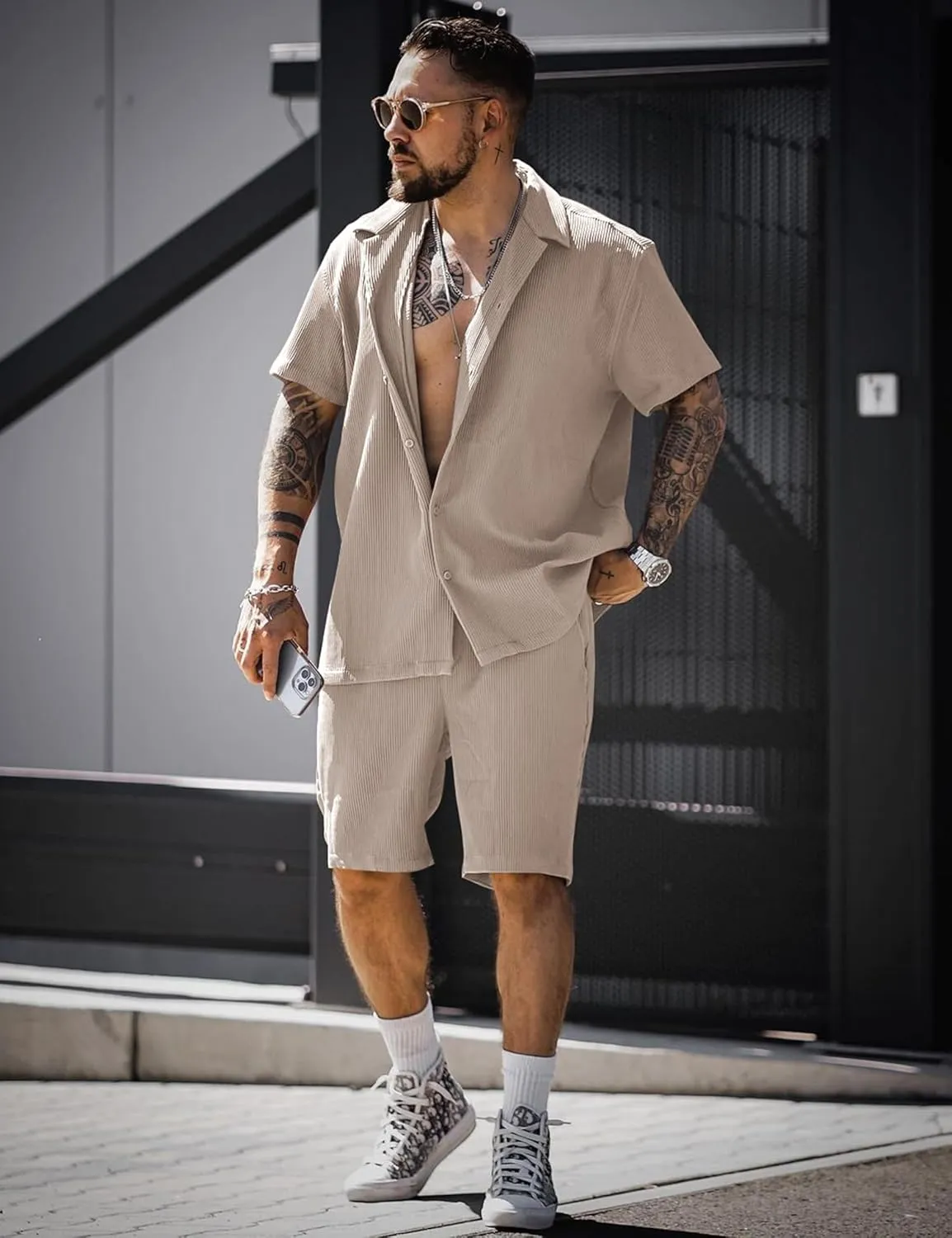 URRU Men's Shirt and Shorts Set Short Sleeve Casual Button Down 2 Piece Summer Outfits