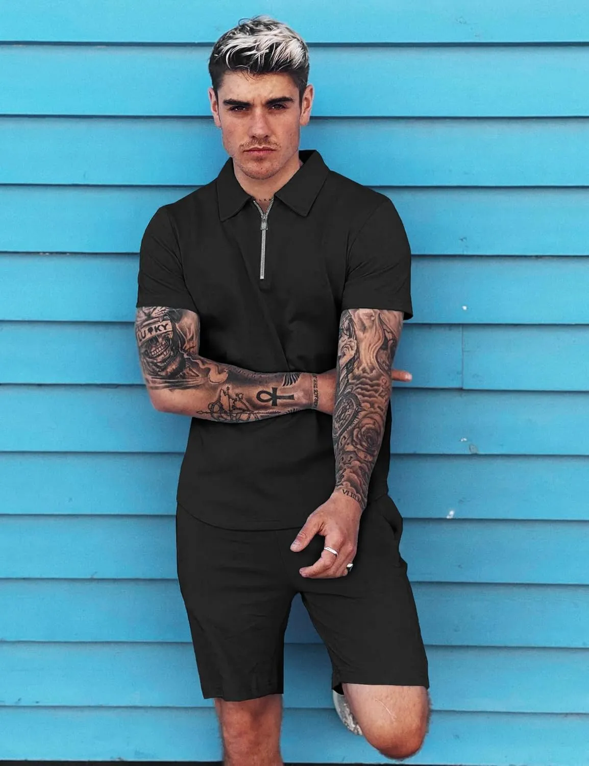 URRU Mens Short Sleeve Casual Polo Shirt and Shorts Sets Two Piece Summer Outfits Zip Polo Tracksuit Set for Men S-XXL