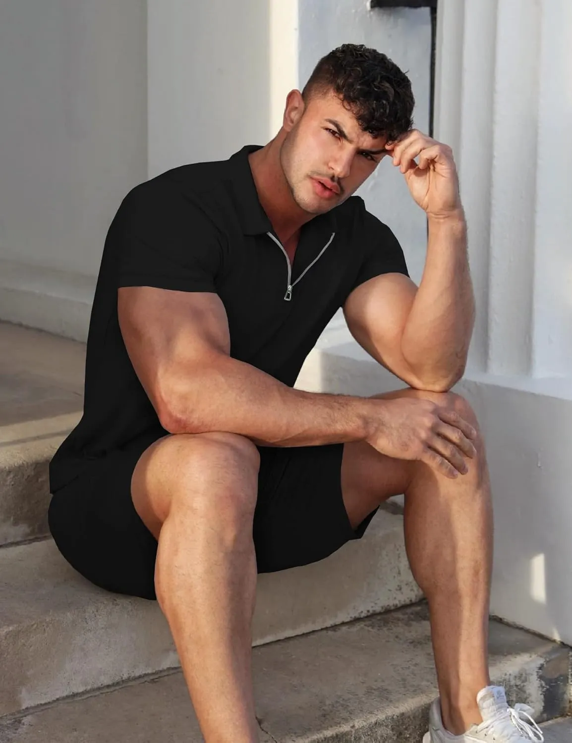 URRU Mens Short Sleeve Casual Polo Shirt and Shorts Sets Two Piece Summer Outfits Zip Polo Tracksuit Set for Men S-XXL