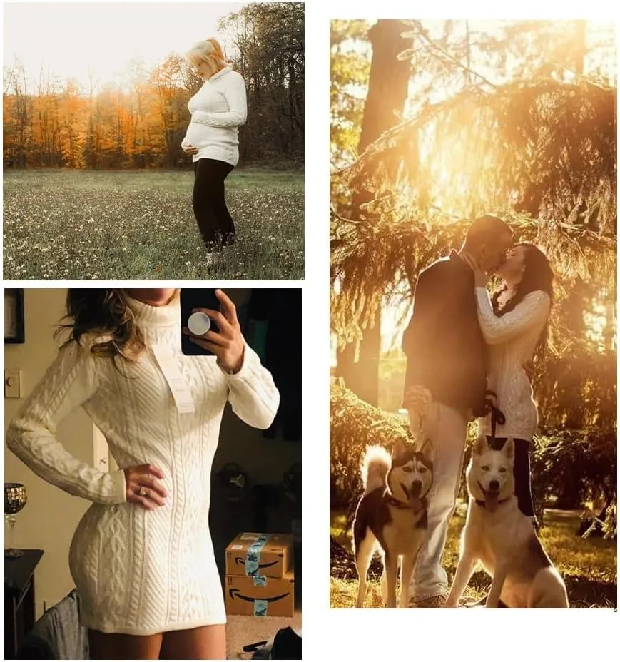 v28 Women Polo Neck Long Slim Fitted Dress Bodycon Turtleneck Cable Knit Sweater